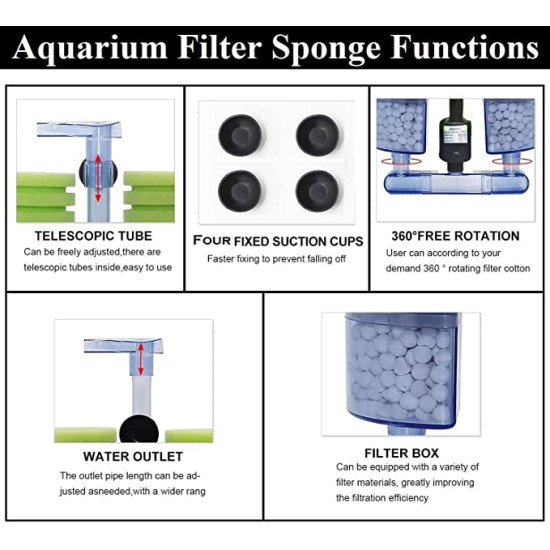 XINYOU Filter Sponge for Aquarium, Double Sponge Filters for Aquarium, Biochemical Sponge Filter with air Pump and 2 Extra Black Sponges (XY-2902)