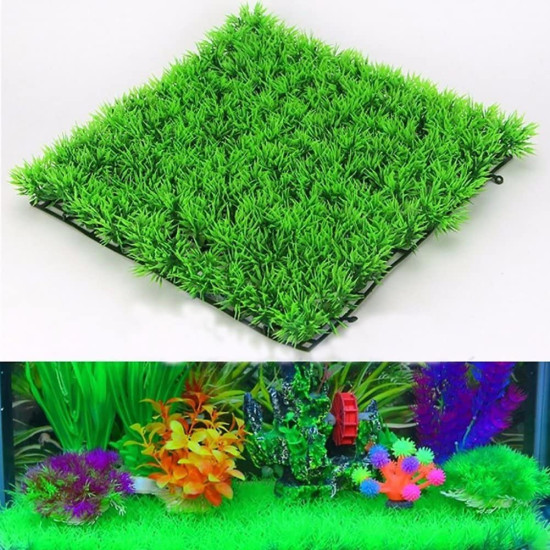 Green Grass Square Plastic Mat for Aquarium Fish Tank Decoration (Pack of 2)