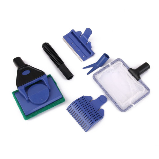 Aquarium 5-in-1 Cleaning Kit with Gravel Rake Fish Net Plant Fork Handle Algae Scraper Plant Fork Handle Fish Tank Brush Cleaner Set