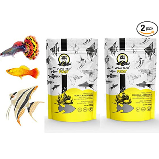  Ocean Treat Feast for Aquarium Fishes with Formulated Diet Pellets -100 Grams (Pack of 2) (Guppy, Angel)