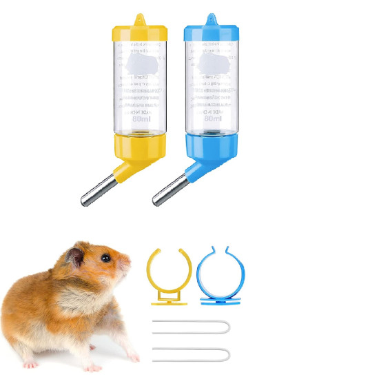 Water Bottle Cum Feeder for Hamsters Guinea Pigs Rabbits Mice with Leak Free Cage Attachment for Pets Random Colour Pack of 2 (80ml)