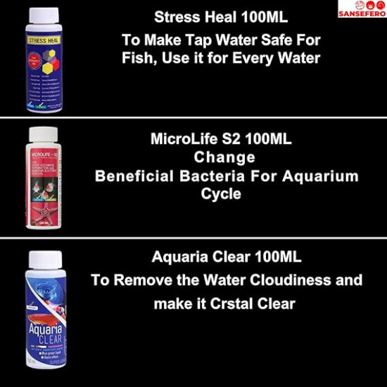 Aquarium Fish Tank Starter Medicine Combo for Aquarium Cleaning Kit (Stress Heal | Microlife | Aquaria Clear) 3 Pieces Combo