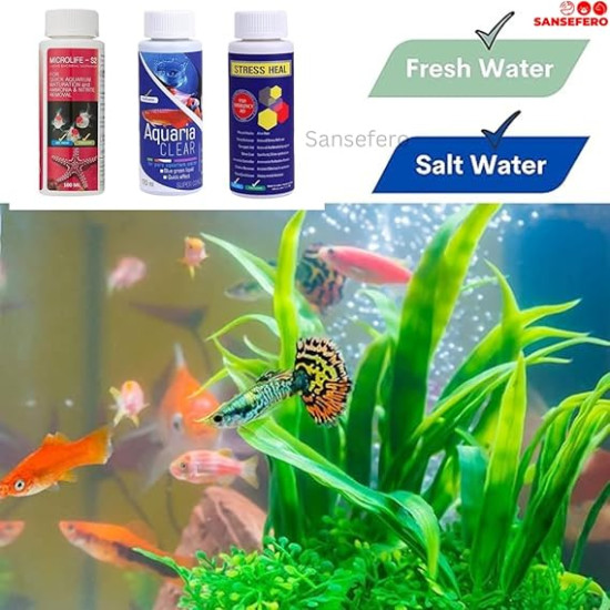 Aquarium Fish Tank Starter Medicine Combo for Aquarium Cleaning Kit (Stress Heal | Microlife | Aquaria Clear) 3 Pieces Combo